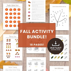 Kids Autumn Activity Bundle, Printable Worksheets, Fun Learning, Fall Crafts for Preschool, Fall Activities For Kids, Autumn Activities