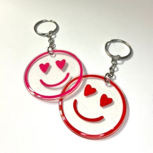 Valentines Keychain, Valentines Day Gift, Valentines Day Gift for a Friend, Heart Eyes Smiley Face, Acrylic Keychain, Hot Pink and Red Chain