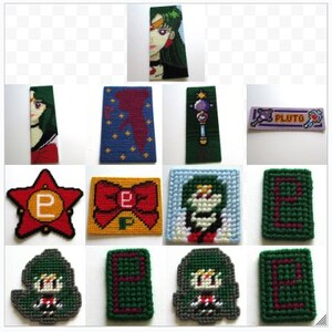 May include: A collection of handmade needlepoint items featuring anime characters and symbols. Includes bookmarks, patches, and decorative squares in various colors, such as blue, green, red, and yellow. Designs include a star, bow, and character portraits.