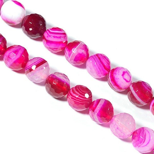 Fuchsia / Pink Agate Micro Faceted Round 8mm Beads - 15"Strand - Haute Qualité - Fabrication de bijoux - Tier A - Vrac - Rayé - Bijoux