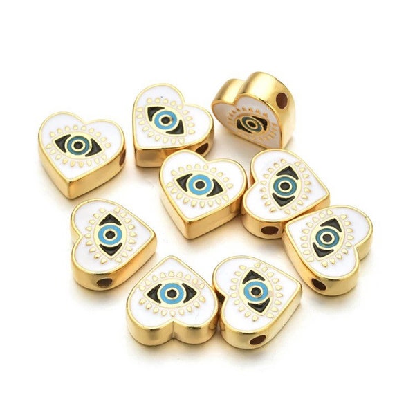 Vrac Greek Heart Evil Eye Metal And Enamel Beads - 12mm x 14mm - Haute Qualité - Blanc - Or - 10 Pièces / 20 Pièces - Vrac