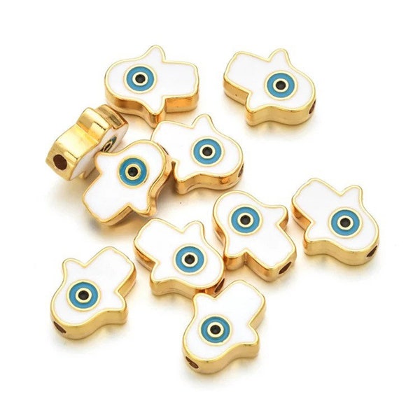 Bulk Greek Evil Eye Metal And Enamel Beads - Hamsa Hand - 13mm x 15mm - White - White - Gold - 10 Pieces / 20 Pieces - Bulk - Wholesale