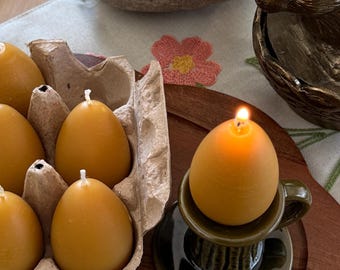 Juego de 6 velas de cera de abeja orgánica con forma de huevo – Decoración artesanal de Pascua y primavera – Cera teñida botánica