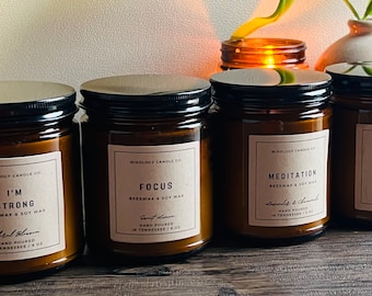 Vela de meditación de cera de abeja y soja: vertida a mano, aceites esenciales