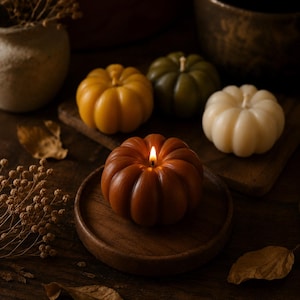 May include: A collection of four pumpkin-shaped candles in shades of orange, dark green, cream, and brown. The brown candle is lit, featuring a visible flame at the center. The candles are arranged on a wooden surface with dried botanical elements.