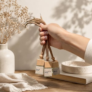 Hanging Car Diffuser: Glass Bottle with Wood Lid, Rear View Mirror Decor