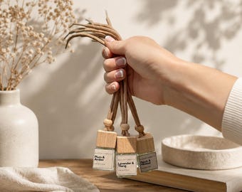 Hanging Car Diffuser: Glass Bottle with Wood Lid, Rear View Mirror Decor