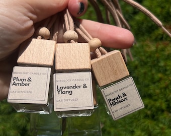 Hanging Car Diffuser: Glass Bottle with Wood Lid, Rear View Mirror Decor