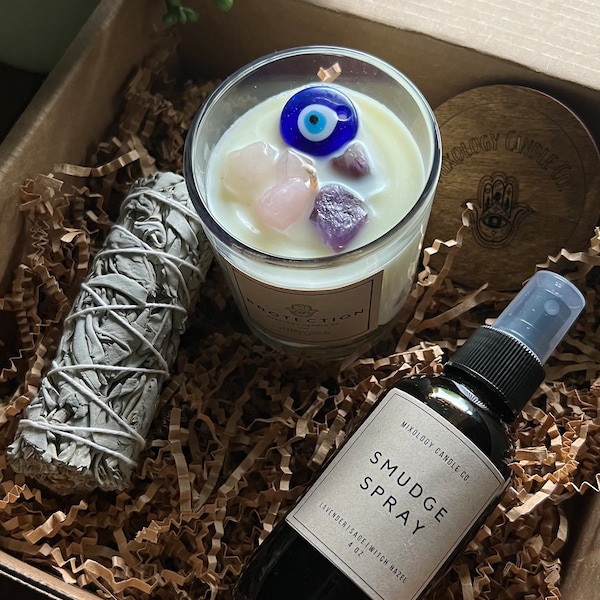 Sage Smudge Kit with Sage, Smudge Spray, and Evil Eye Candle | Cleansing Ritual Set | Reiki