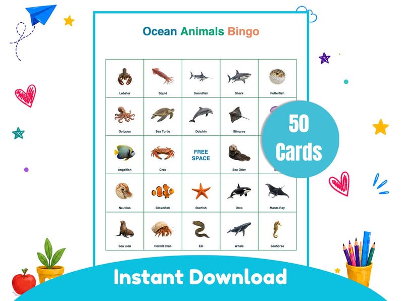 Ocean Animals Bingo Game Printable for Kids With 50 Bingo Cards ...