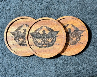 Custom Engraved Wood Coaster Set Gift for Dad Patriotic Gift Symbol of Roman Legion Motivational Gift for Roman History Collector