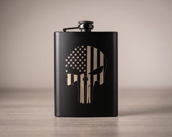 Military Flask | Engraved Warrior Skull Patriotic Gift