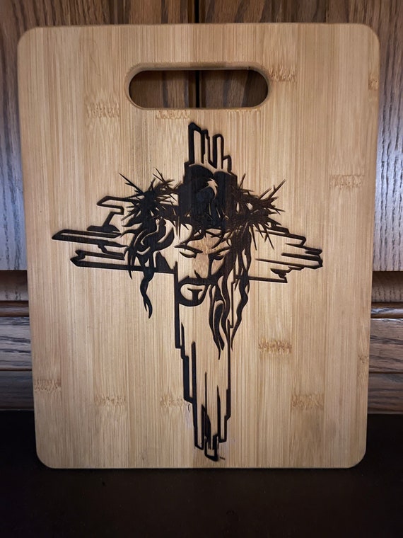 Engraved Jesus and The Cross Cutting Board- Kitchen Decor - Crown of Thorns  Charcuterie Board- Religious Gift for any Occasion