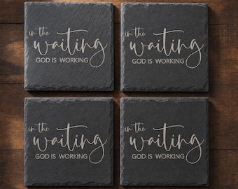 Christian Slate Coaster Set Inspirational Drink Holder Faith Message Kitchen Decor Rustic Accessory Bar Table Protection Religious Gift Idea