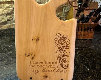 Wooden Cutting Board Personalized Kitchen Decor Gift Idea for Wedding Anniversary Custom Engraving Love Quote Rose Design Rustic Accessory