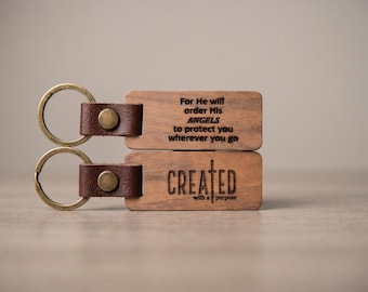 Walnut Keychain | Engraved Leather Strap Personalized