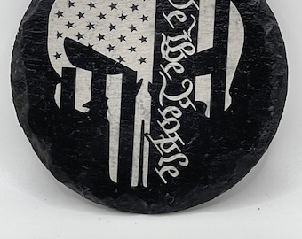 2nd Amendment Supporter Gift Slate Coaster with Punisher Logo and We the People Inscription Custom Laser Engraved American Proud Barware