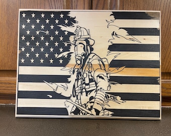 Houten plaquette brandweerman Amerikaanse vlag: cadeau als eerste hulp