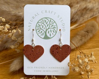 Pink Cork Heart Earrings - Lightweight Natural Cork Leather - Handmade Eco Friendly Jewellery
