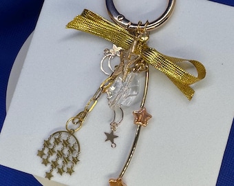 Celestial Star Bag Charm with Gold Bow – Elegant Moon and Crystal Purse Charm