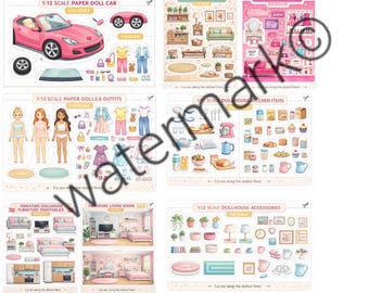 Printable 1:12 Scale Dollhouse Kit, Paper Dolls, Furniture and Car (DIY Cut and Assemble) (Digital Download)