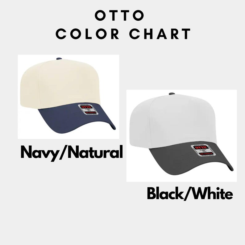 May include: Two baseball caps with contrasting colors. The first cap is navy blue with a natural colored crown. The second cap is black with a white crown. Both caps have the word "OTTO" printed on the back.