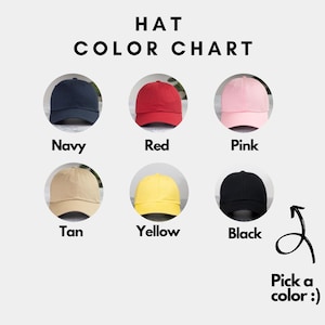 May include: Color chart for hats in navy, red, pink, tan, yellow, and black.  Pick a color.