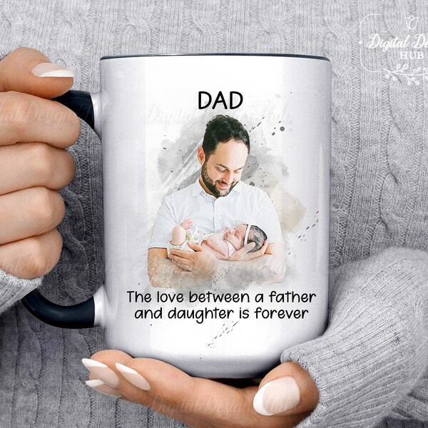 Personalized Watercolor Photo Gift For New Dad, First Fathers Day Mug, Custom Photo Mug, Happy Father's Day Gift 2024