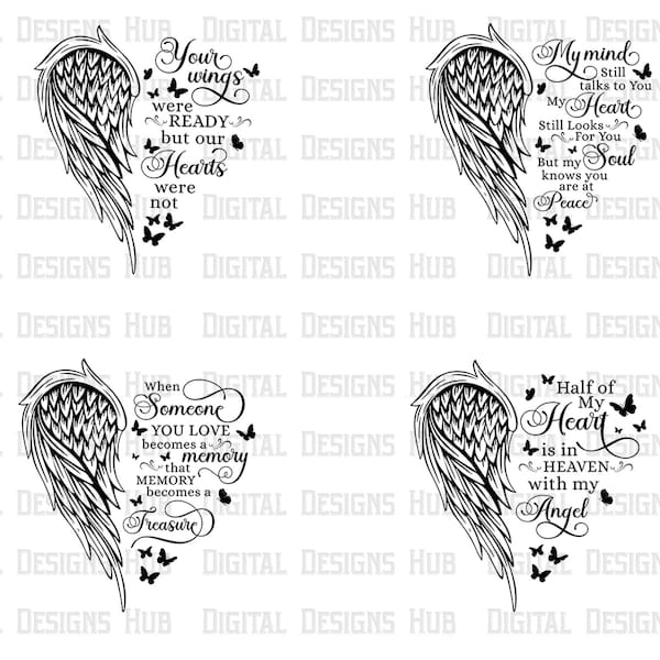Memorial Heart Angel Wings Png Svg Bundle | Memorial Quotes With Butterfly Svg | Your Wings Were Ready But Our Hearts Were Not Svg Files