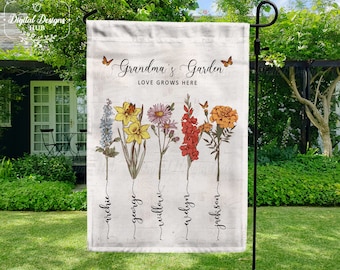 Grandma's Garden Flag | Custom Birth Month Flower With Name Flag | Grandma Love Grows Here Flag Gift | Happy Mother's Day Gift 2024