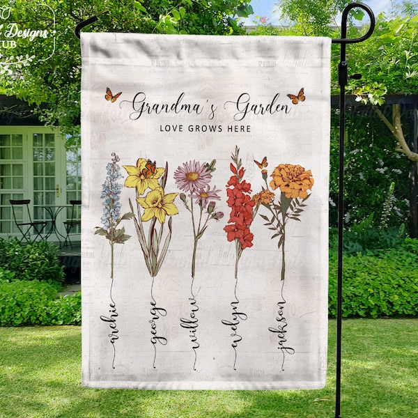 Grandma's Garden Flag | Custom Birth Month Flower With Name Flag | Grandma Love Grows Here Flag Gift | Happy Mother's Day Gift 2024