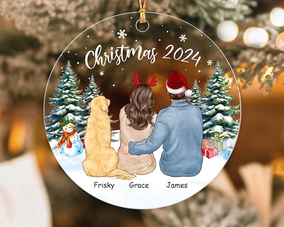 Couple with dog christmas ornament deals