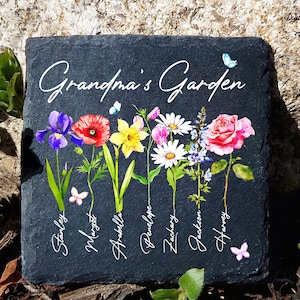 Grandma's Garden Stone | Custom Grandma Garden Stone Gift For Mom | Birth Month Flowers With Grandkids Names | Happy Mother's Day Gift 2024