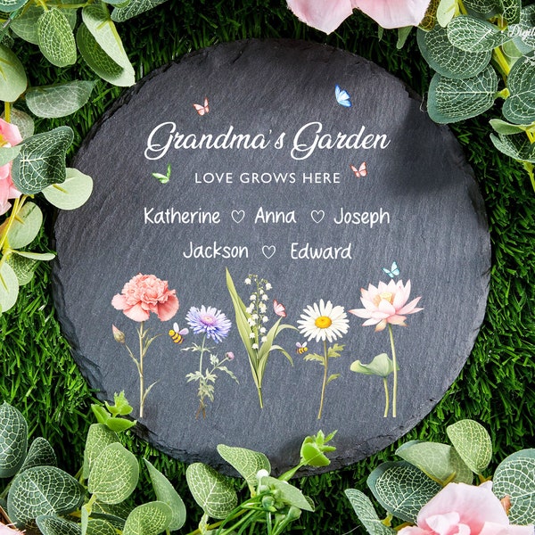 Personalized Grandmas Garden Stone | Grandmas Love Grows Here Garden Stone | Custom Birth Flower Garden Stone | Happy Mother's Day Gift 2024
