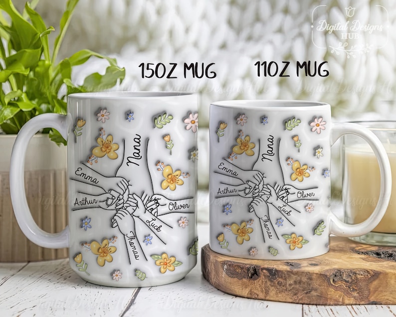 Vous nous tenez par la main, nos coeurs aussi, Mug personnalisé avec effet gonflé en 3D personnalisé pour la famille, Cadeau pour grand-mère, maman, Cadeau pour la fête des Mères 2024 image 3