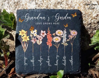 Grandma's Garden Stone | Love Grows Here Garden Stone Gift For Mom | Custom Birth Month Flower Garden Stone | Happy Mother's Day Gift 2024