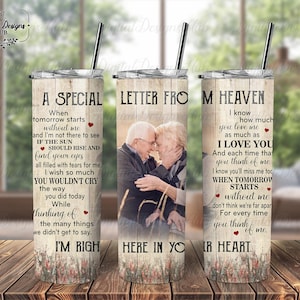 Plantilla de vaso conmemorativo PNG Pérdida de madre, una carta especial del cielo Regalo de sublimación de vaso de foto conmemorativa personalizada para la pérdida de mamá