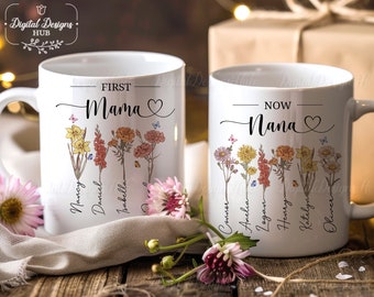 Mug First Mama Now Nana, fleur personnalisée du mois de naissance avec le nom des petits-enfants, cadeau Mug Mama Nana des enfants, cadeau fête des mères 2024