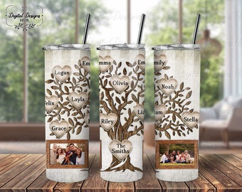 Family Tree 20 Oz Tumbler Wrap PNG, Custom Family Photo Skinny Tumbler Sublimation, This Is Us Family Christmas Gift, Gift For Grandparents