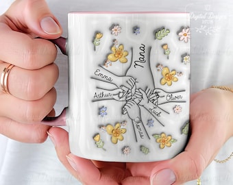 Vous nous tenez par la main, nos coeurs aussi, Mug personnalisé avec effet gonflé en 3D personnalisé pour la famille, Cadeau pour grand-mère, maman, Cadeau pour la fête des Mères 2024