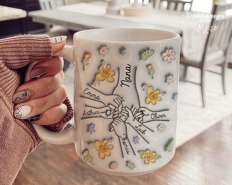 Vous nous tenez par la main, nos coeurs aussi, Mug personnalisé avec effet gonflé en 3D personnalisé pour la famille, Cadeau pour grand-mère, maman, Cadeau pour la fête des Mères 2024 image 2