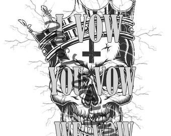Può includere: Illustrazione in bianco e nero di uno scheletro che indossa una corona con fulmini. Lo scheletro ha una croce sopra e il testo "I Vow You Vow We Vow" è scritto sotto.
