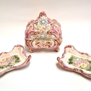 California Art Pottery Freeman-Leidy 1944-1955 Signed laguna beach Trinket Box/Lid 2 trays Handpainted