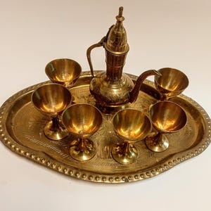 Miniature 8 piece Brass Etched Turkish Coffee or Tea Set