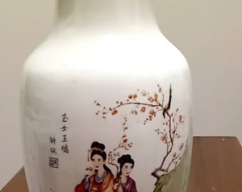 Chinese Handpainted Porcelain Vase collectable Glossy  13" writing