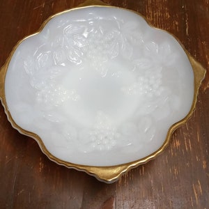 Vintage Anchor Hocking milk glass raised grape pattern design Platter GOLD ACCENTS