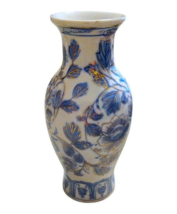 Vintage Chinese Zhonggao Zhi Zao Blue and White Gold Gilt Vase - Etsy