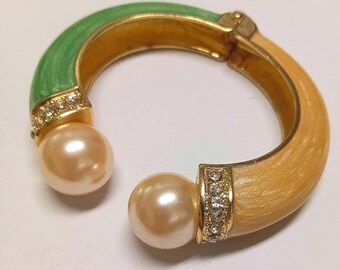 Cuff Bracelet  rhinestones Green and Peach Enamel large faux pearls. Spring opener