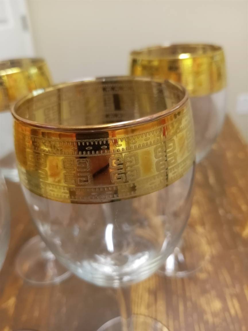 Vintage Greek key detailed white wine glasses gold trim Italy never be