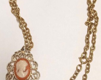 Sara Coventry Vintage Cameo with dropped Faux Pearl and goldtone Chain Necklace